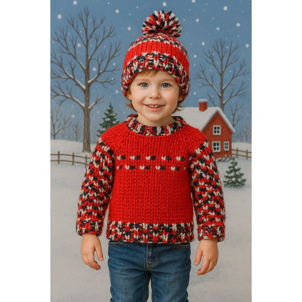 Handmade Knit‎ Sweater & Hat Set Red Multicolor Toddler Size 4T–5T Winter